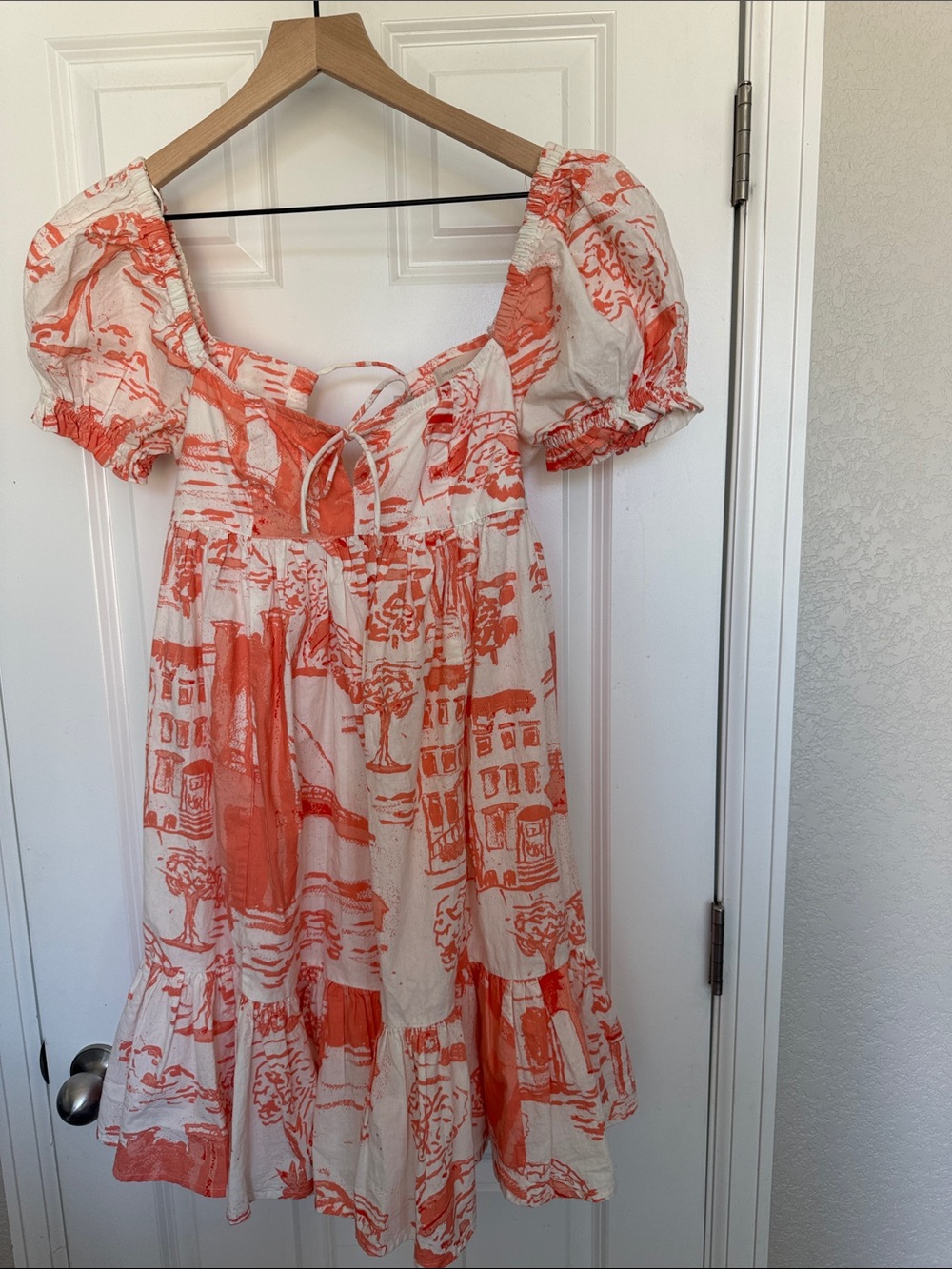 Urban Outfitters Wonderland Coral White Puff Sleeve Babydoll Dress Tie Back XS